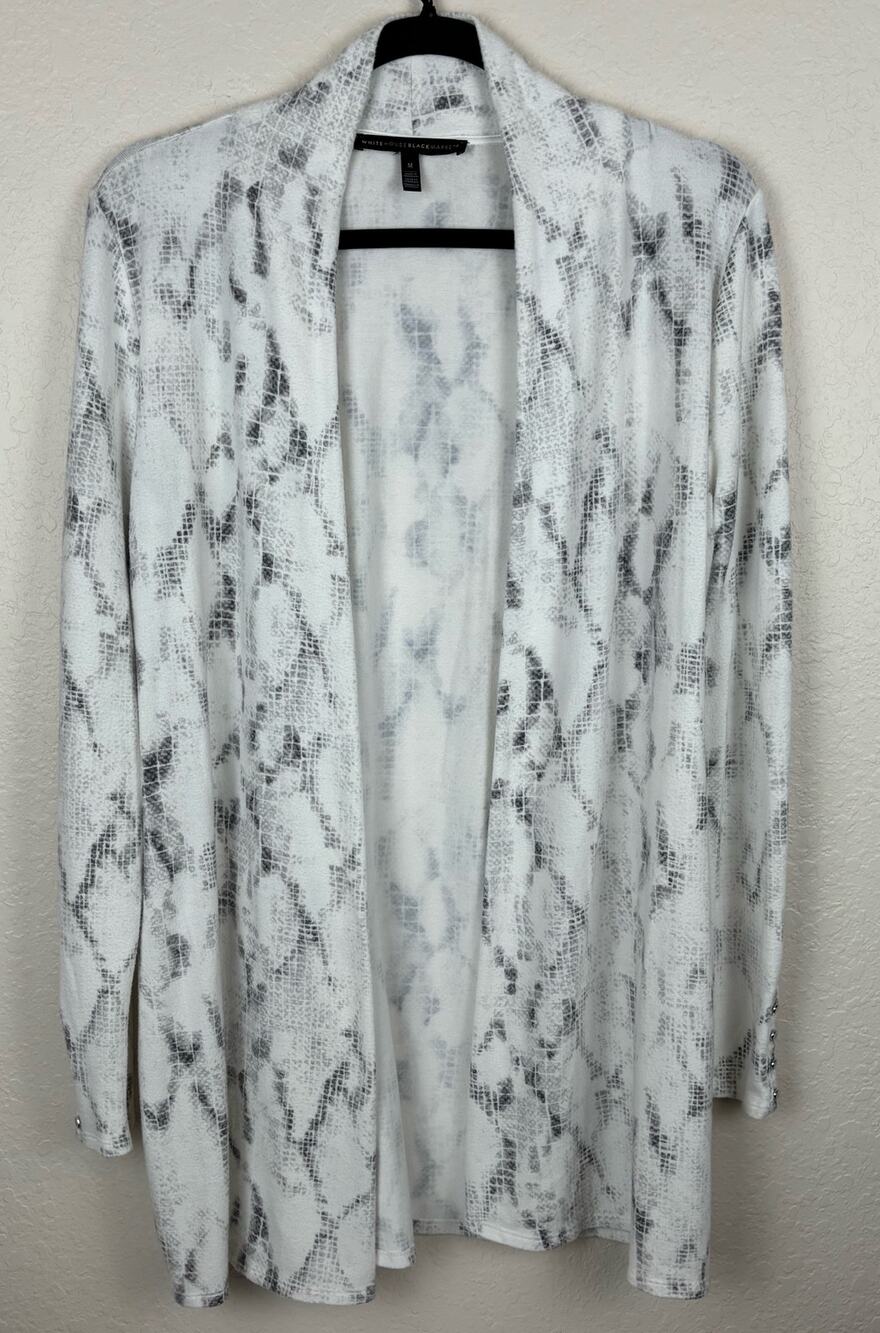 White House Black Market Snakeskin Print Open Cardigan Medium Gray White